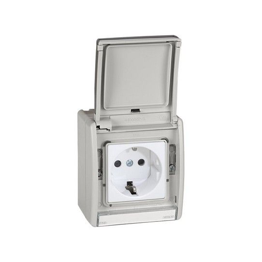 Base enchufe bipolar con toma tierra lateral gris 10/16A 250V embornamiento rápido
