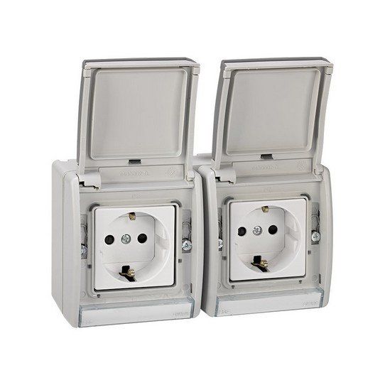 Doble base enchufe bipolar con toma tierra lateral precableada gris 10/16A 250V embornamiento rápido