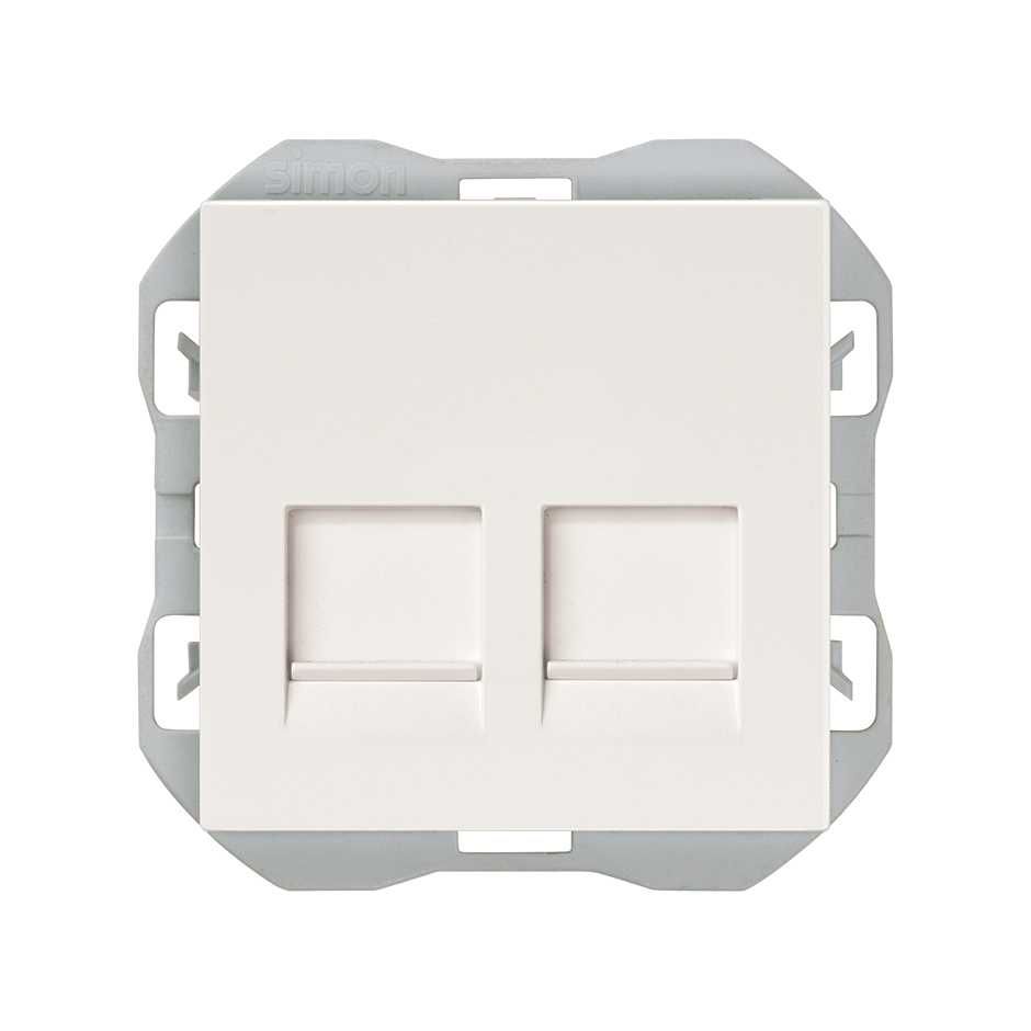 Tapa de voz y datos plana con guardapolvo con 2 conectores RJ45 color blanco