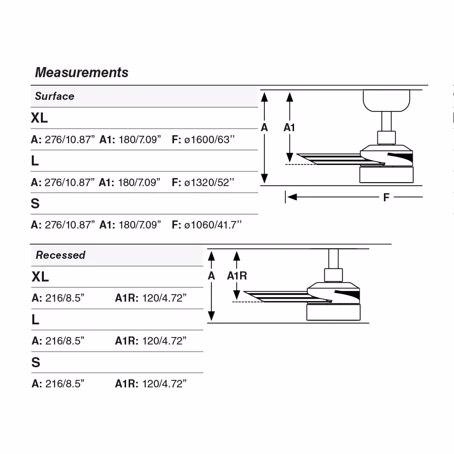 CRUISER RECESSED XL Ventilador negro/aluminio SWT medidas